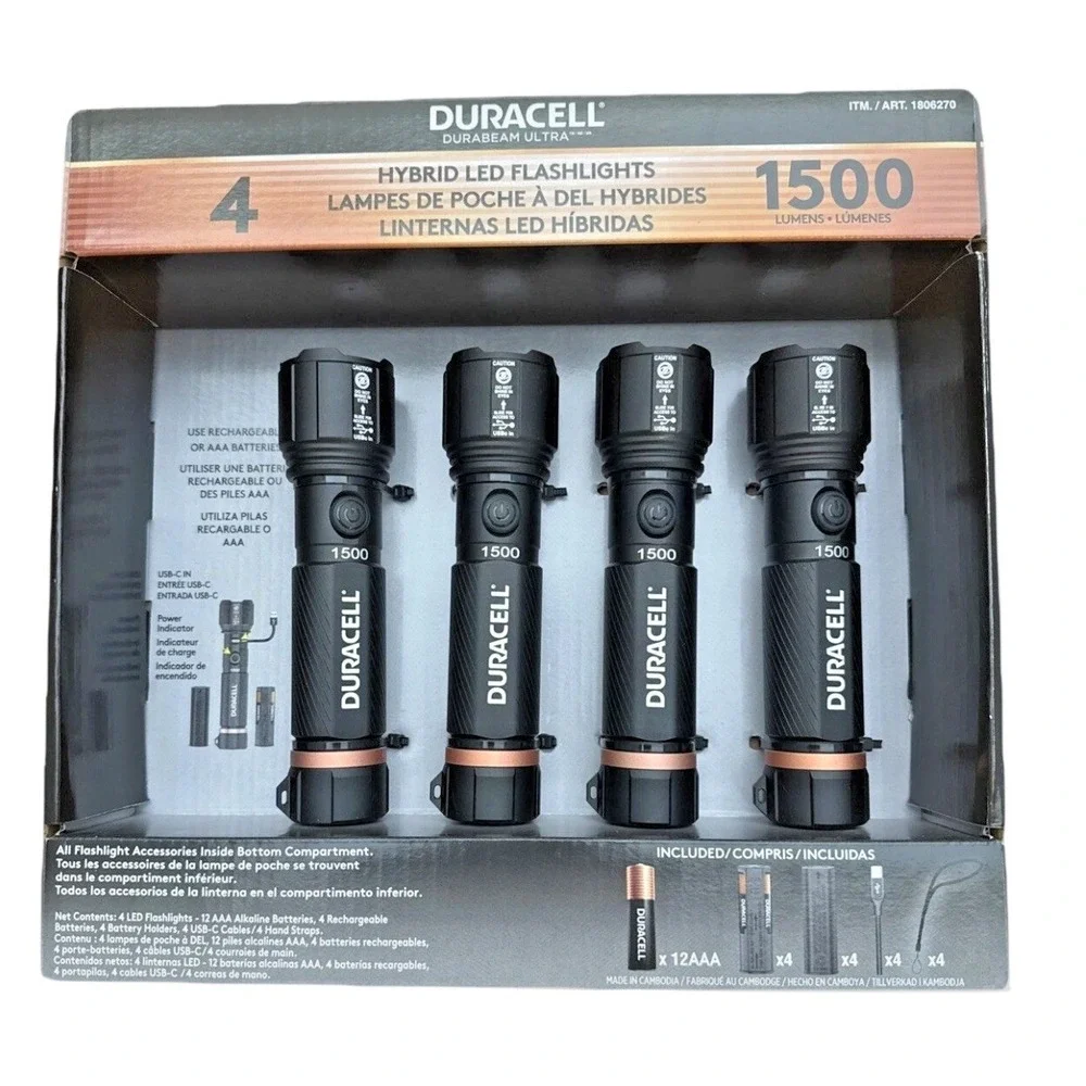 Duracell Durabeam Ultra Hybrid LED Flashlights,1500 Lumens,Set of 4 Rechargeable